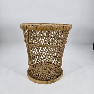 Vintage Wicker Rattan Wastebasket Handwoven Boho Coastal Storage Basket Decor